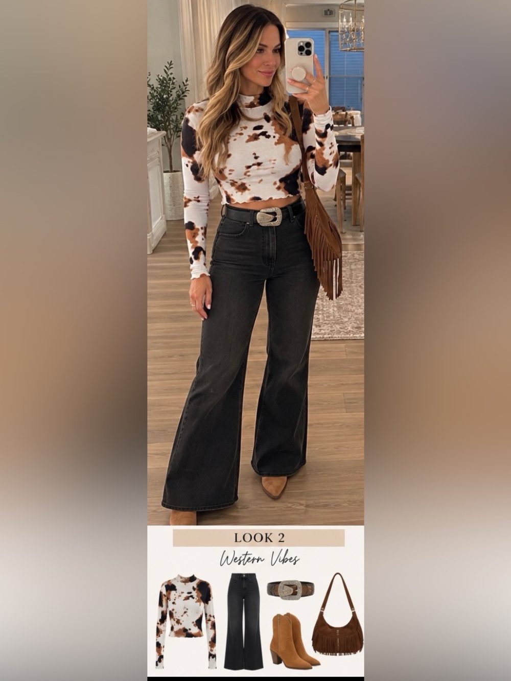 Cow-Print Long Sleeve Crop Top in White, Brown & Black